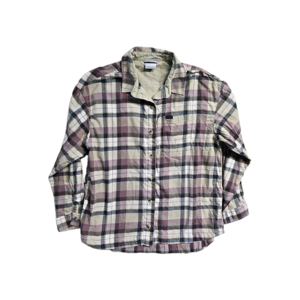 Columbia Women's Flannel Button Up Shirt XL Plaid Beige Purple